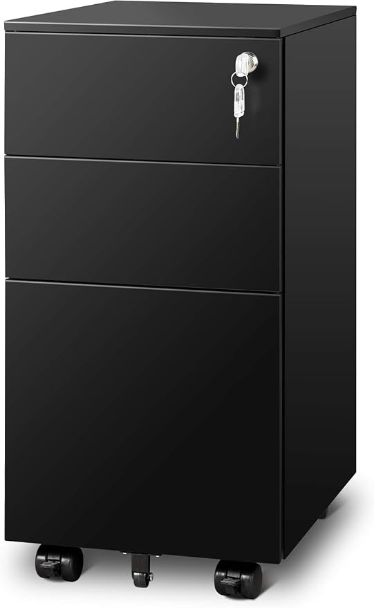 DEVAISE 3 Drawer Mobile File Cabinet, Fully Assembled Metal Filing Cabinet | Under Desk File Storage Cabinet with Lock for Home Office, Fits Letter/Legal/A4 Size, Black