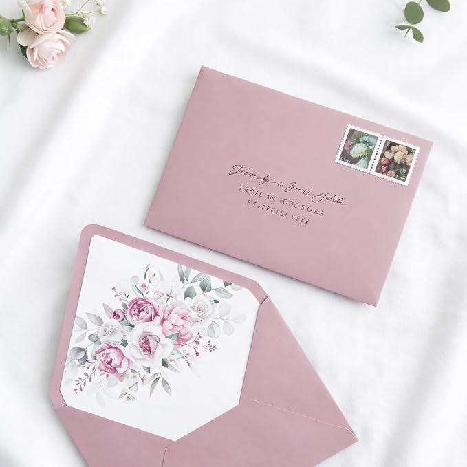 PONATIA 50PCS A7 Euro Flap Envelopes, 5.25 x 7.25'' Dusty Rose Liner Envelope, Perfect 5x7 Envelopes for Wedding Invitation Cards, Christmas Gift Cards Envelope, Acrylic Invitations, Photos