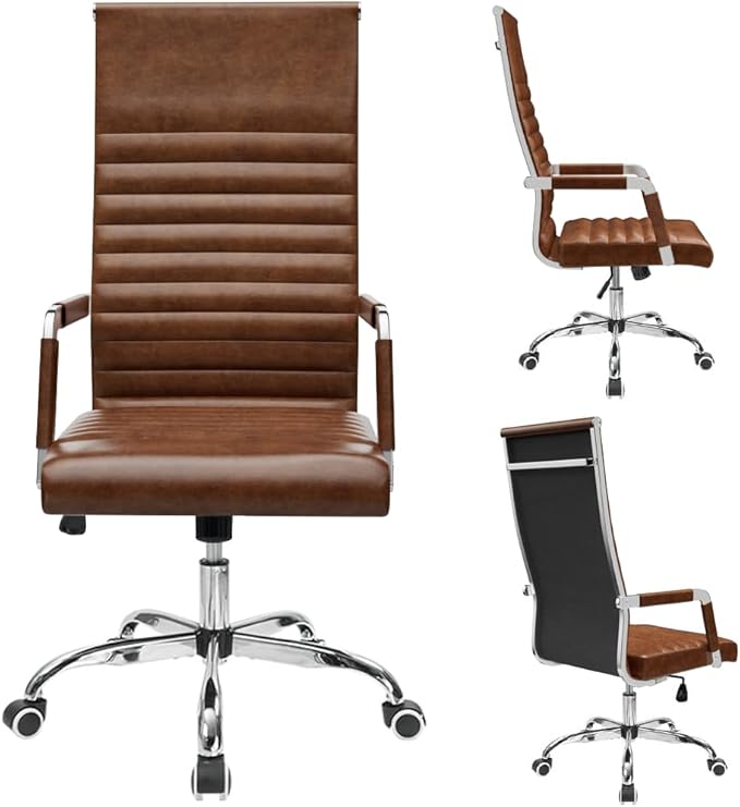 Furmax Ribbed Office Chair High Back PU Leather Executive Conference Chair Adjustable Swivel Chair with Arms (Bicolor Retro Brown)