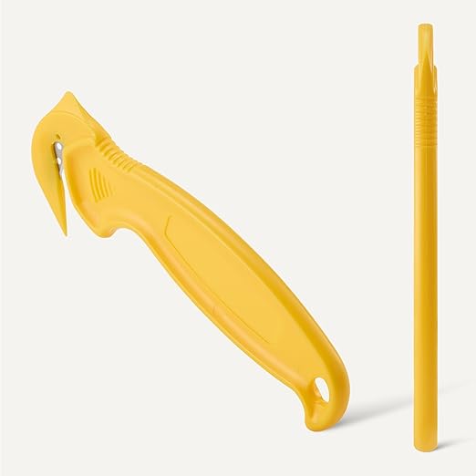 Amazon Basics Film Safety Cutter, Concealed Stainless Steel Blade with Tape Splitter for Boxes, Packages, Shrink Wrap, Yellow, 30-Pack