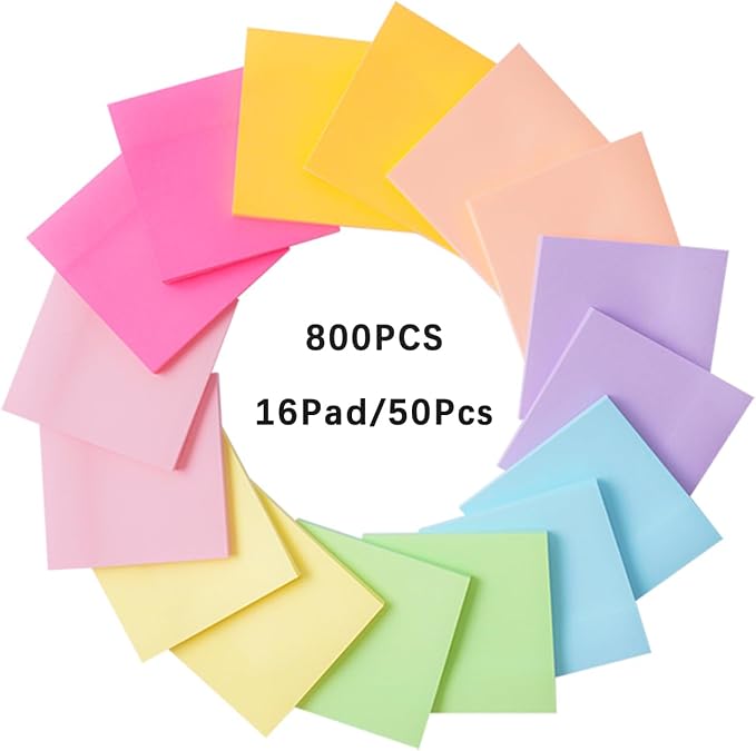 Sticky Notes 16 Pads 3x3 inches, Self-Sticky Note Pads Multi Colors, School Supplies Office Products, Writing Memo for Holiday Shop, Teacher Appreciation Xmas Gift and Daily Life Organization
