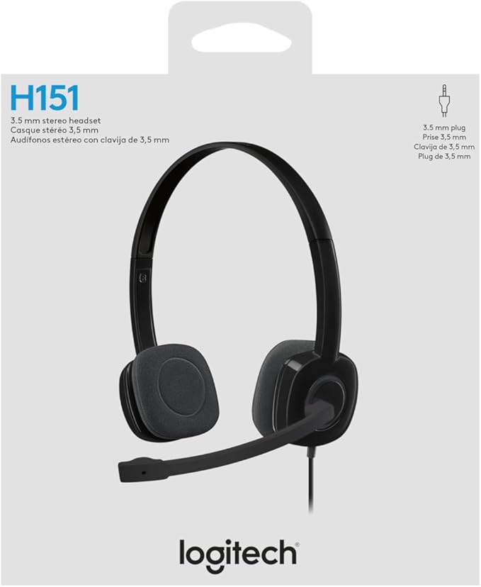 Logitech H151 Wired Headset, Analog Stereo Headphones with Rotating Noise-Cancelling Microphone, 3.5 mm Audio Jack, in-Line Controls, PC/Mac/Laptop/Tablet/Smartphone - Black