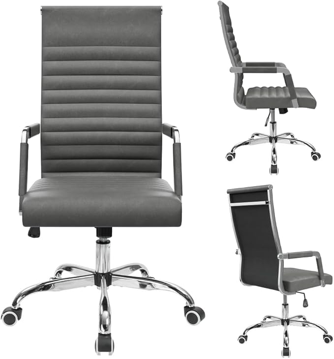 Furmax Ergonomic Office Desk Chair, Executive Ribbed Mid-Back PU Leather Conference Room Chair Adjustable Swivel Chair with Arms (1, Bicolor Vintage Grey)