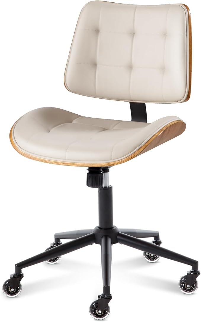 Home Office Desk Chair with Rubber Wheels, Armless Bentwood, Beige | Adjustable Height Armless Office Chair, PU Leather Mid Back 360°Small Computer Chair, No Arms Walnut Seating, 300LBS Support