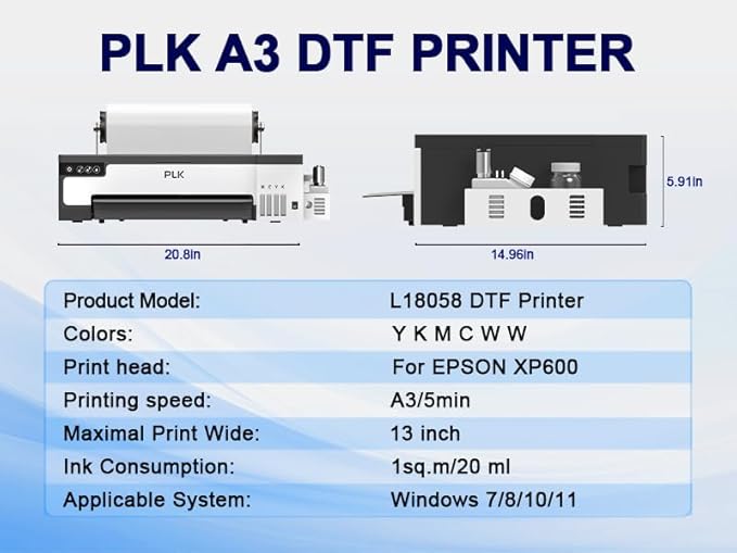 PLK A3 DTF Printer,XP600 DTF Machine,Roll Feeder & Film-Cutter,Double-Speed,Upgraded L18058 with White Ink Stirring System,Custom Garment Printing (A3 Printer+Oven)
