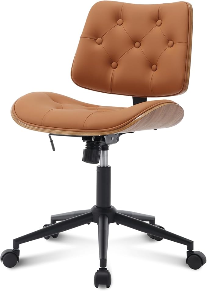 Armless Home Office Chair in Button Style, PU Leather Small, Brown | PU Leather Adjustable Height Computer Desk Chair, 360 Swivel Small No Arms Office Seat, Walnut Design Stool, 300LBS Cap