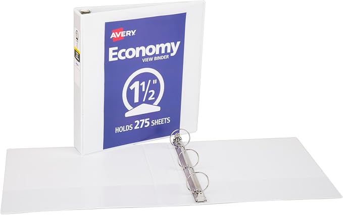 Avery Standard View 3 Ring Binder, 1.5" Round Rings, 275-Sheet Capacity, 2.1 Inch Wide Spine, 1 White Binder, Ideal for Lightweight Organization and Occasional Referencing (05726)
