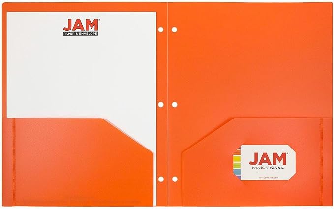 JAM PAPER Heavy Duty Plastic 3 Hole Punch Pocket Folders - Extra Tough School Folders - Orange - Bulk 144/Box