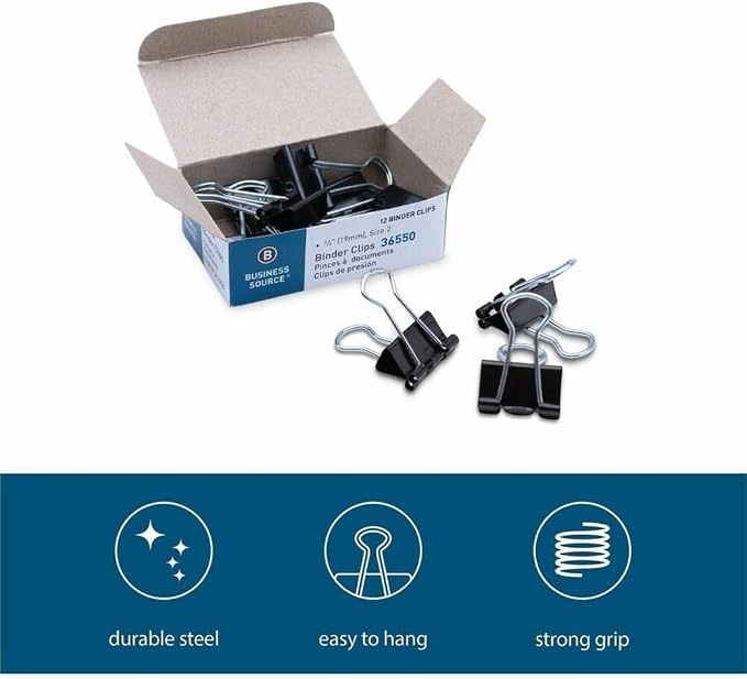 Business Source, BSN36550, Fold-Back Binder Clips, 12 / Dozen, Black