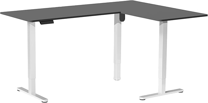 VIVO Corner Standing Desk, 63 x 55 inch Reversible L-Shaped Workstation, Electric Height Adjustment, Home, Office, and Reception Rooms, Black Table Top White Frame, DESK-E3CTWB