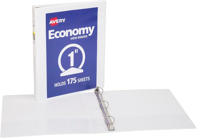 Avery Standard View 3 Ring Binder, 1" Round Rings, 175-Sheet Capacity, 1.4 Inch Wide Spine, 1 White Binder, Ideal for Lightweight Organization and Occasional Referencing (05711)