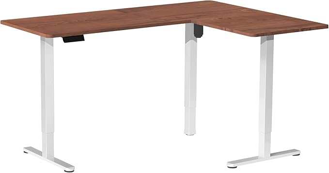 VIVO Corner Standing Desk, 63 x 55 inch Reversible L-Shaped Workstation, Electric Height Adjustment, Home, Office, and Reception Rooms, Dark Walnut Table Top White Frame, DESK-E3CTWD