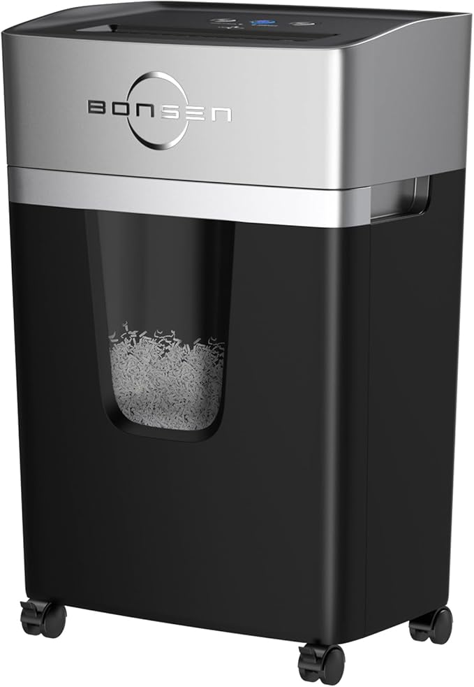 BONSEN 12-Sheet Micro Cut Paper Shredder for Home Office Use | 40-Min Running Time, 55 dB Ultra-Quiet with Anti-Jam, Shredding Shreds Credit Card/Staples, 5.3 Gallons Pullout Bin S3106