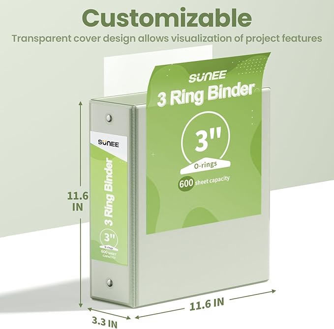 SUNEE 3 Ring Binder 3 Inch 2 Pack, Clear View Three Ring PVC-Free (Fit 8.5x11 Inches) for School or Office Supplies, Sage Green
