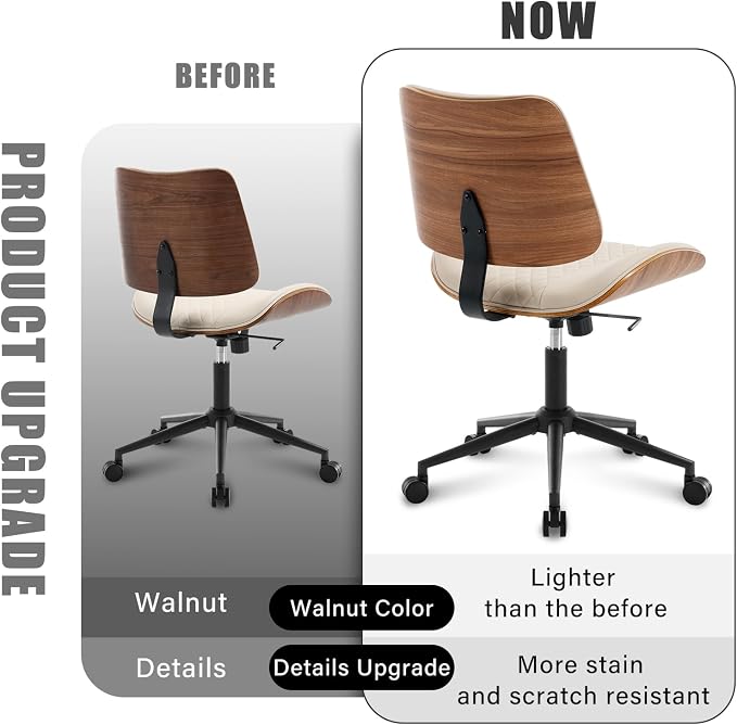 Home Office Chair No Arms with Wheels, Adjustable Height Small Desk Chair, PU Leather Mid Back 360 Swivel Computer Chair, Armless Modern Walnut Chair for Office, Reading Meeting Room(Beige) | Adjustable Height Small Desk Chair, PU Leather Mid Back 360 ...