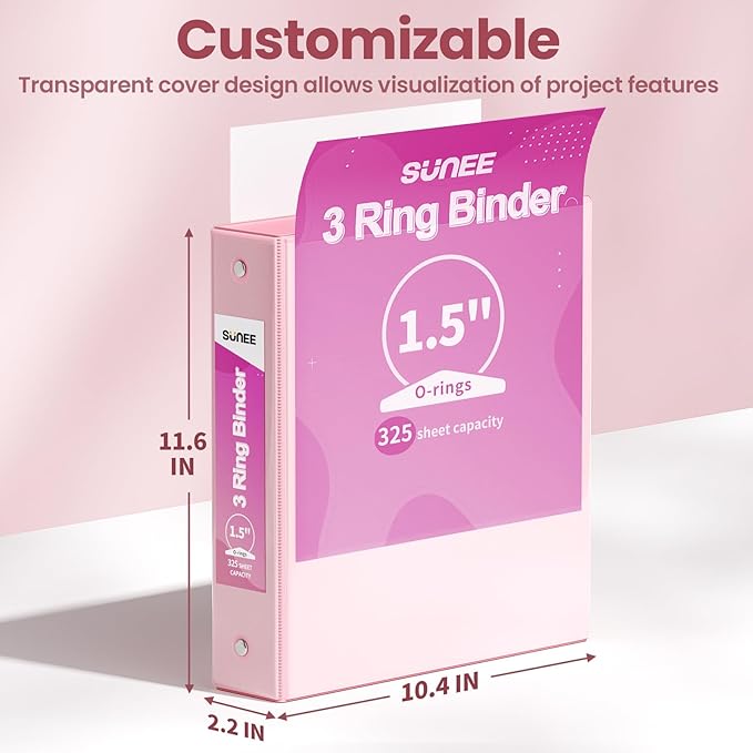 SUNEE 1.5 Inch Binders 3 Ring 6 Pack, Clear View Three Ring 1 1/2 Inch Binders PVC-Free (Fit 8.5x11 Inches) for School or Office Supplies, Pastel 6 Colors