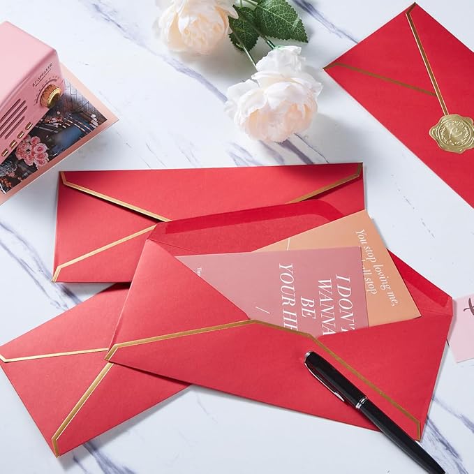 50 Pack #10 Business Envelopes, Red, 4 1/8 x 9 1/2 Inches | Gold Border, Self Seal Standard Envelopes with Gold Stickers for Office, Checks, Letter Mailing, Invoices