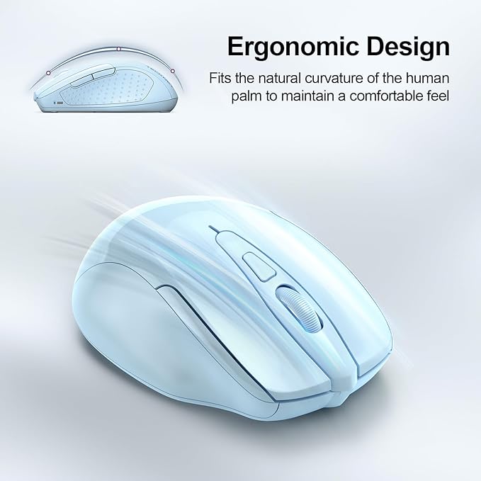 TECKNET Wireless Mouse, BT 5.0/2.4G, Silent 4800 DPI 6 Buttons, Lightblue | Bluetooth 5.0/3.0 & USB A, 2-Device Easy Switch, Wide OS Compatible, 6-DPI, Ergonomic for S/M Hands, Extended Battery