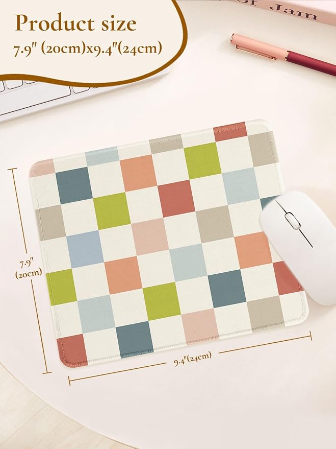Cute Colorful Mouse Pad,Retro Checkered Pattern Mousepad,Square Aesthetic Waterproof Mouse Mat Design, Non-Slip Rubber Base Funny Boho Small Mouse Pads, Desk Accessories,Beige Light Colors
