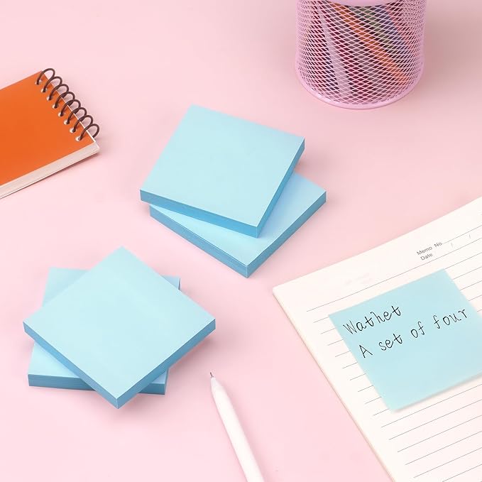 Sticky Notes 3x3 in, Self-Adhesive Note, 4 Pads, 100 Sheets/Pad, Light Blue | Perfect for Home, Classroom, and Workplace Organization