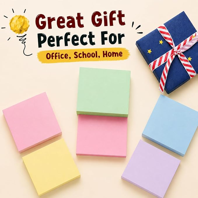 Sticky Notes 3x3, 24 Pads/2400 Sheets, Strong Self-Adhesive Note Pads | 3x3 Sticky Notes Pad, 4 Pastel Colors, Repositionable, Removes Cleanly, Smooth Thick Paper, Ideal for Home, Office & School