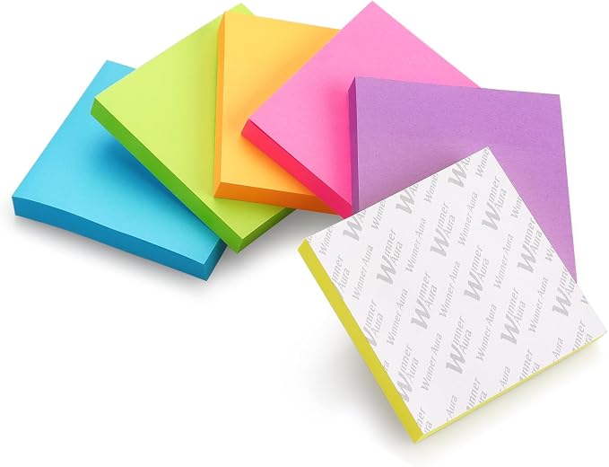 Sticky Notes 3x3 Inch, 6 Pack, Bright Colors, 100 Sheets/Pad, 600 Total | Bright Colors, Strong Self-Stick Adhesive, Removable & Repositionable, Ideal for Office, School, and Home Reminders