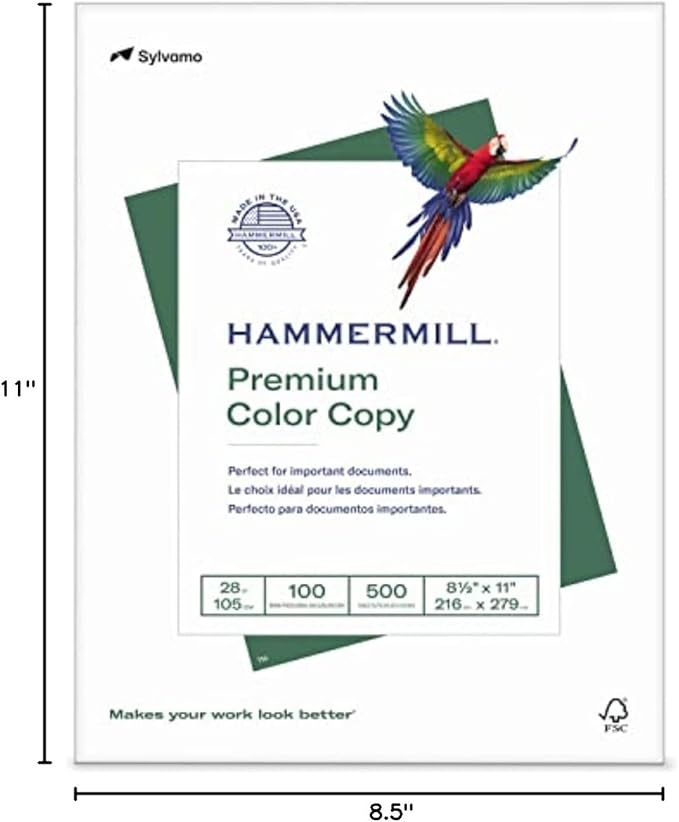 Hammermill Printer Paper, Premium Color 28 lb Copy Paper, 8.5 x 11-1 Ream (500 Sheets) - 100 Bright, Made in the USA, 102467R