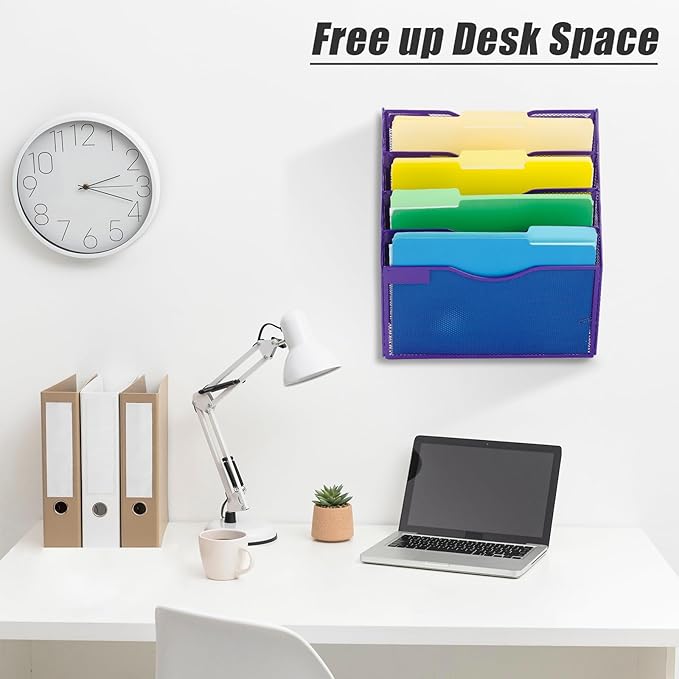 5 Pocket Mesh Hanging Wall File Organizer, Wall Mounted Mail Paper Document Folder Holder, Clipboard Storage Organization Magazine Rack with Nametag Label for Office Home School, Purple