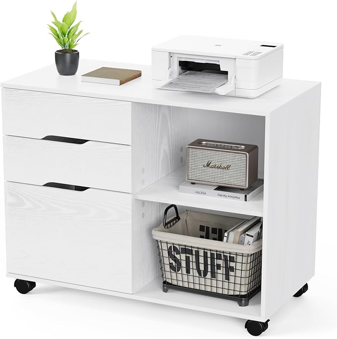 OLIXIS 3 Drawer Lateral File Cabinet, Rolling Printer Stand with Storage | Mobile Filing Cabinet Fits Under Desks, Holds A4/letter Files with Hanging Frame and Lockable Wheels, White