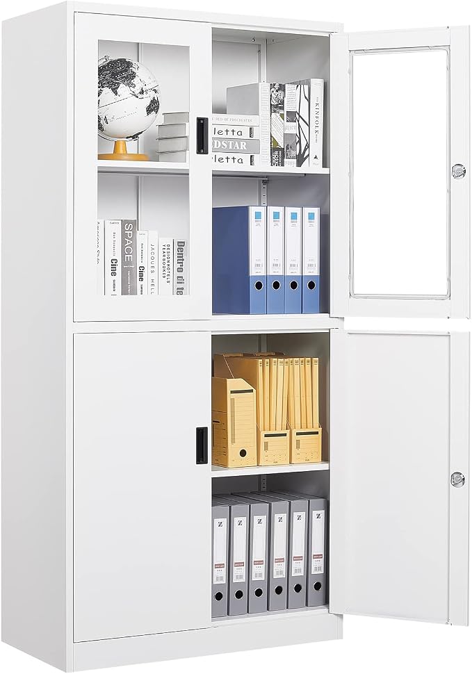 Storage Cabinet with Glass Doors and Shelves, Freestanding Kitchen Pantry Cabinet for Home, Office, Bathroom