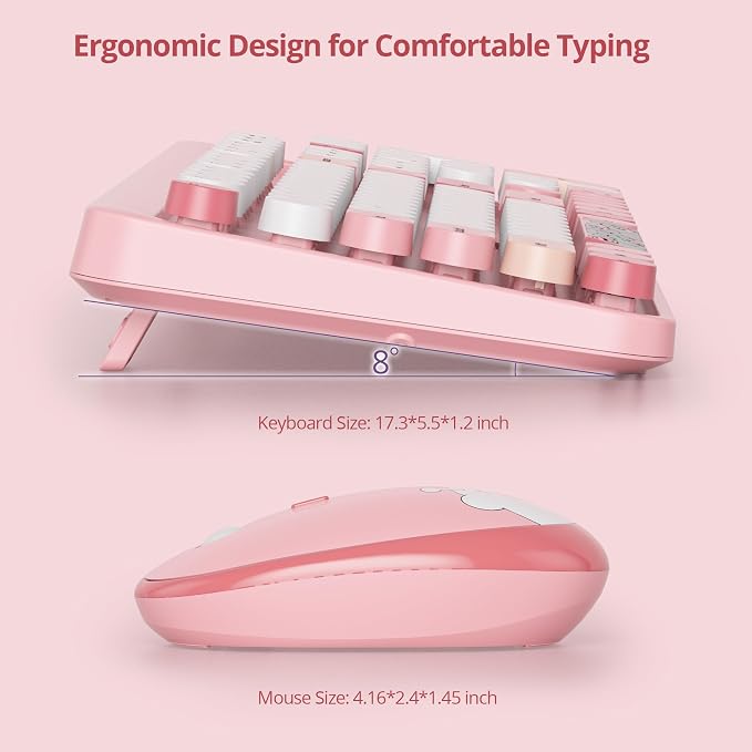 GTSP Pink Typewriter Keyboard Wireless Mouse Combo, Cute Keyboard 2.4G Office Full-Sized Retro with Round Keycaps for Laptop PC Desktops(Pink)
