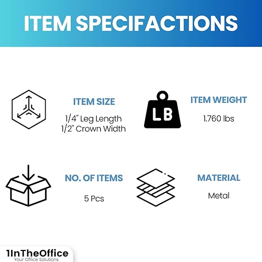 1InTheOffice Standard Staples - 1/4" Leg Length, 5,000 Staples/Pack, 5 Pack