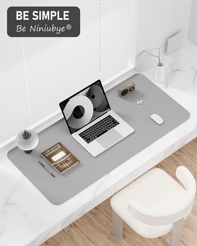 Desk Pad, 23.6" x 13.8" PU Leather Non-Slip Desk Mat Large Mouse Pad for Desktop, Waterproof Laptop Computer Writing Mat for Office, Home, Work, Gaming, Silver
