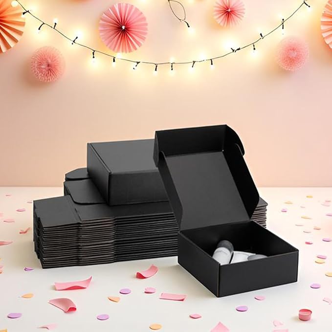 8x8x3 inch Black Shipping Boxes for Small Business- Set of 25 | Sturdy ECT 32 Corrugated Cardboard Mailer Boxes, Easy Assemble for Packaging, Mailing, Gift