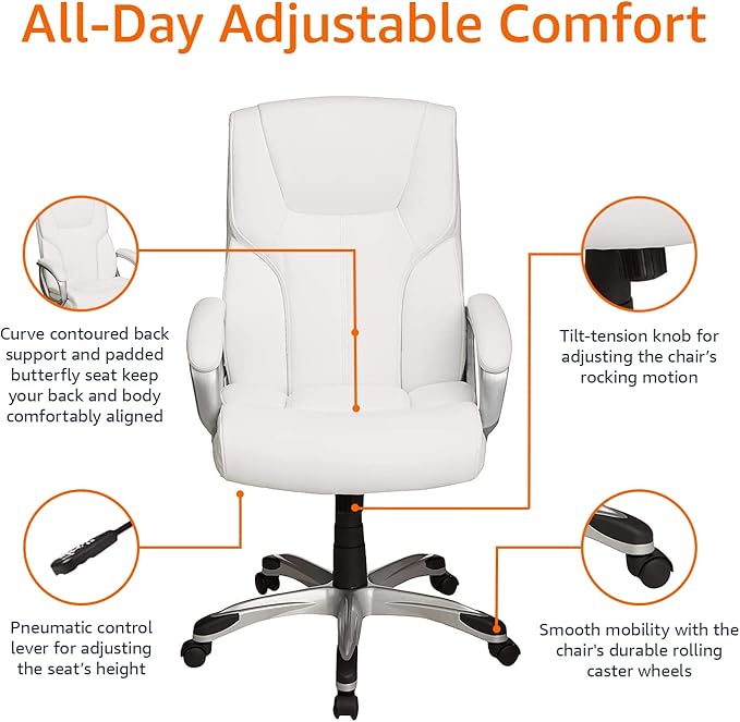 Amazon Basics Executive High Back Office Desk Chair, Adjustable Height, Tilt, Swivel, 275lb Capacity, Bonded Leather, White/Pewter