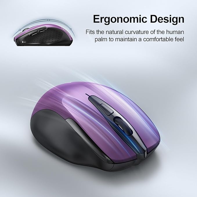 TECKNET Wireless Mouse, BT 5.0/2.4G, Silent 4800 DPI 6 Buttons, Purple | Bluetooth 5.0/3.0 & USB A, 2-Device Easy Switch, Wide OS Compatible, 6-DPI, Ergonomic for S/M Hands, Extended Battery