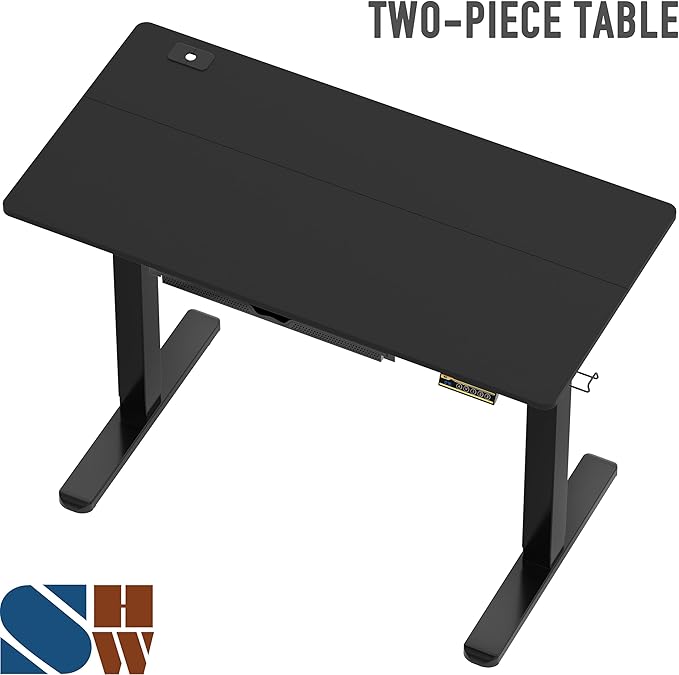 SHW 48-Inch Electric Height Adjustable Standing Desk w/Drawer, Black | w/ Memory Presets and Cable Management | Drawer with adjustable compartments | Hanging Hooks