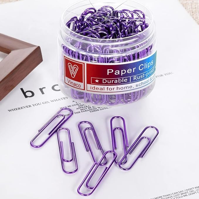 Vinaco Purple Paper Clips, 400PCS Medium & Large Sizes, for Office School | Rustproof Vinyl Coated Steel paperclips, Smooth No-Snag Surface, Hold Thick Papers for Document Organizing