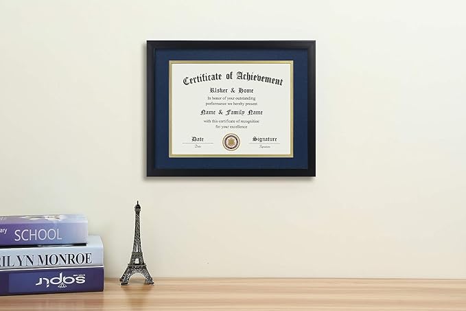 ELSKER&HOME 8.5x11 Certificate Frame with Blue Mat- Classic Black Color Frame - Displays Diploma 8.5x11 Inch with Mat - 11x14 Inch Without Mat - For Document/Photo(Double Mat Blue with Gold Rim)