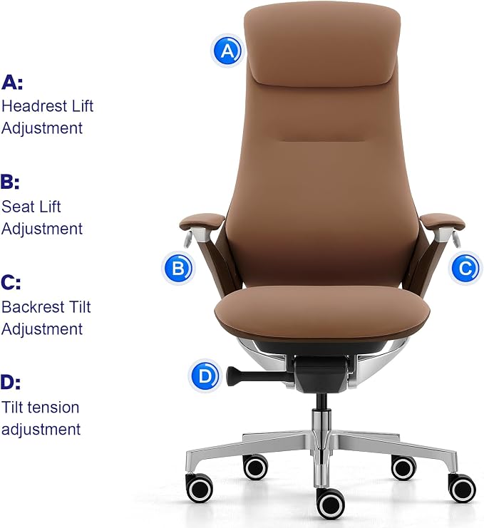 Genuine Leather Executive Office Chair,Top-Grain Cowhide, Ergonomic Design | Adjustable seat and headrest heights, 3-position recline (lockable)—suitable for home offices and high-end office settings.