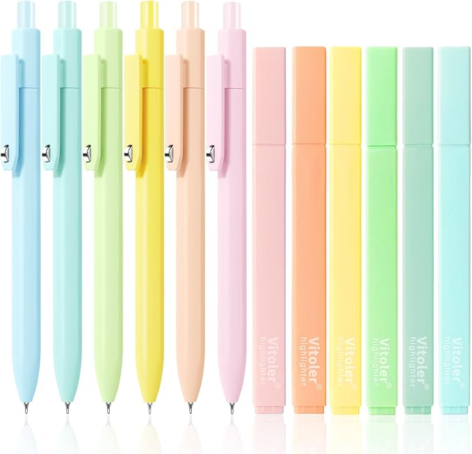 Piochoo Aesthetic Highlighters Assorted Colors and Gel Pens Quick Drying | Cute 0.5mm Black Ink Pens Smooth Writing & Chisel Tip Pastel Highlighters for Journaling Planner Back to School Supplies