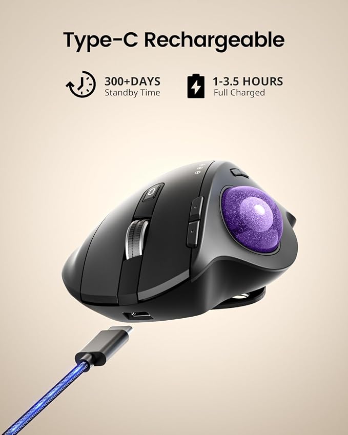 ProtoArc EM01 NL Wireless Trackball Mouse, Thumb Control, Purple | 0/20° Adjustable Angle to Reduce Fatigue, Triple-Device Bluetooth & 2.4G USB-A for Office Use, Silent Click, Easy to Clean
