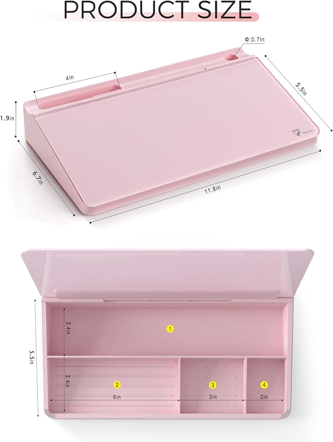 TOWON Compact Glass Desktop Whiteboard with Storage 12x7 in, Pink | Aesthetic dry erase surface, 5 markers, eraser and holder included, for the office, home or school desk