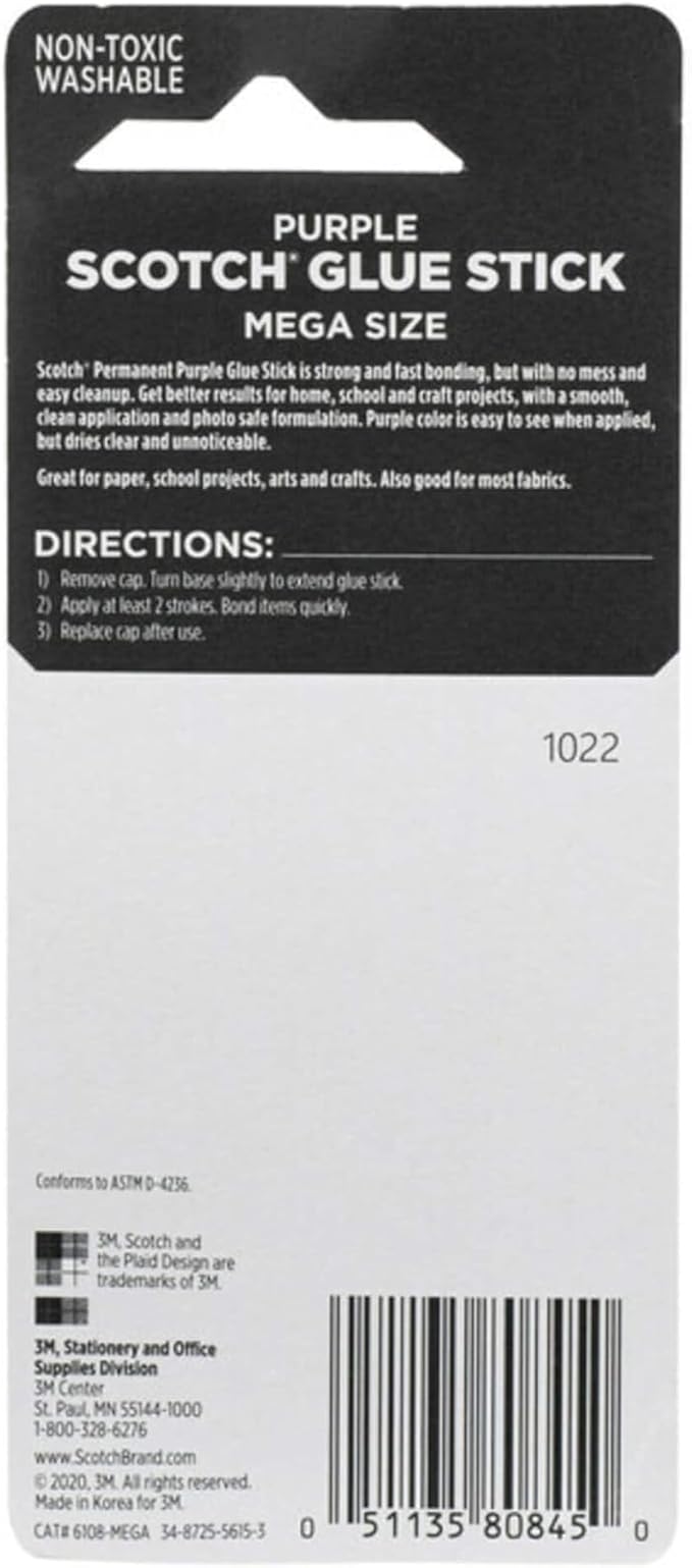 Scotch Mega Purple Glue Stick, 1.4 oz, Acid Free and Non-Toxic (6108-MEGA) (Pack of 2)