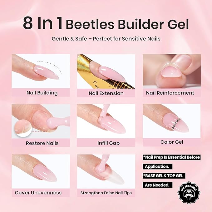 Beetles Builder Gel for Nails HEMA-Free,0.5 oz 8 in 1 Jelly Pink Building Gel,for Sensitive Nails Strengthening & Building Nail Apex,UV & LED Lamp Cured,DIY Salon at Home for Beginners Women