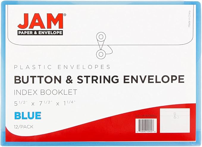 JAM PAPER Plastic Envelopes with Button & String Tie Closure - Index Size - 5 1/2 x 7 1/2 - Blue - 12/Pack