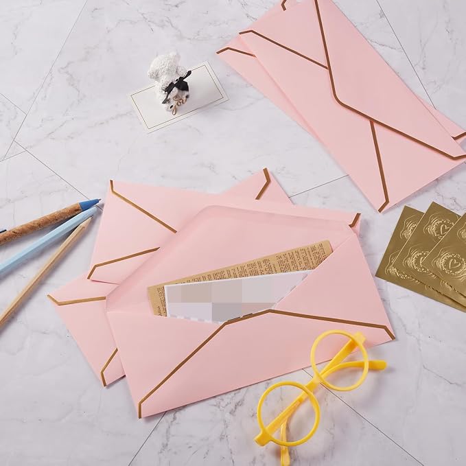 50 Pack #10 Business Envelopes, Pink, 4 1/8 x 9 1/2 Inches | Gold Border, Self Seal Standard Envelopes with Gold Stickers for Office, Checks, Letter Mailing, Invoices