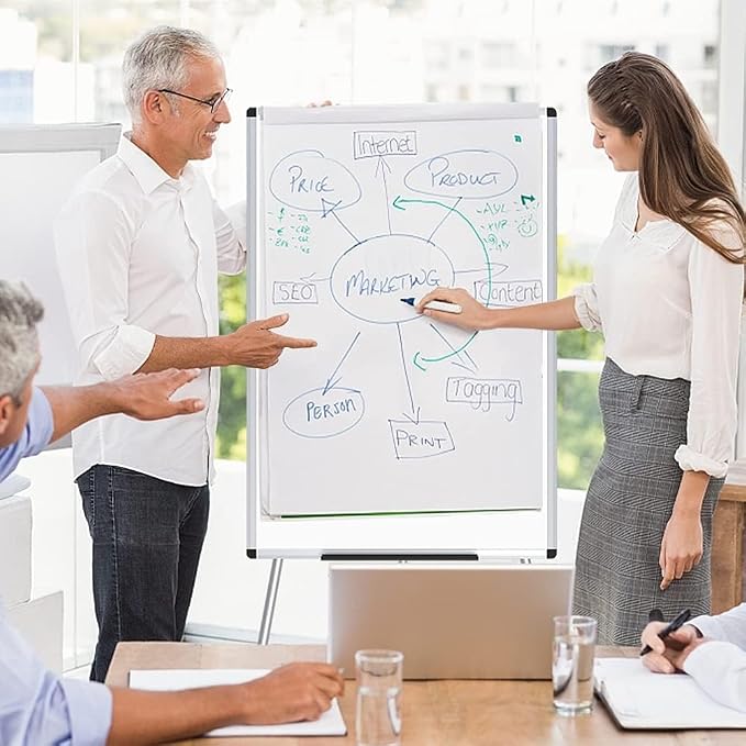 VIZ-PRO Magnetic Whiteboard Easel, 36 x 24 Inches, Portable Dry Erase Board | 3' x 2', Height Adjustable, Aluminium Frame, Includes Flipchart Pad & Marker Tray, for School Office and Home