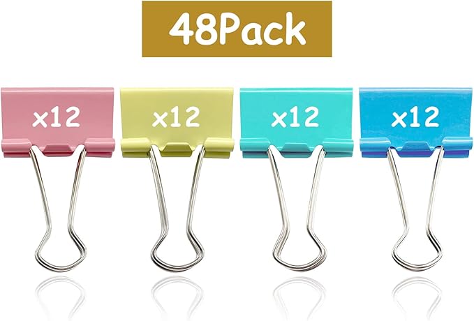 Ykimok 48 Pcs Medium Binder Clips, 1.25 inch(32mm), Colored Binder Clips, Paper Clamps Medium Size for Office Supplies, 4 Vibrant Colors