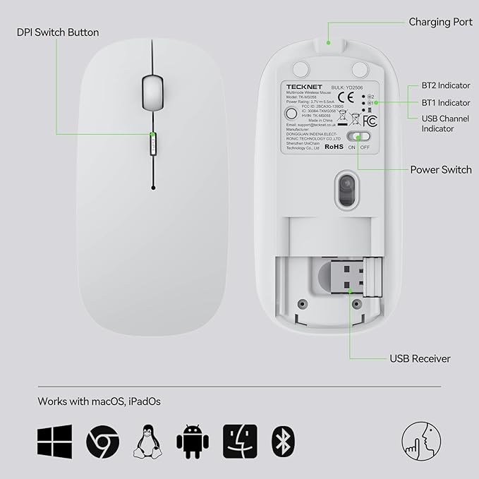 TECKNET Bluetooth Wireless Mouse, Rechargeable Silent Portable Computer Mouse, 6 Adjustable DPI, Dual Mode (Bluetooth 5.2/3.0 and 2.4G USB Receiver) for Laptop, iPad, MacBook, PC, Desktop, Android
